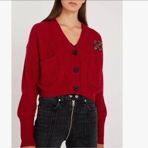 NWT THE KOOPLES Embellished-patch Wool & Cashmere cardigan in Burgundy Red Sz M